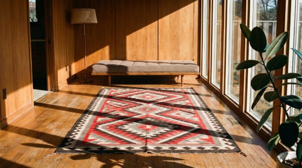 Bold graphic geometric tribal pattern antique native american navajo flat weave red rug (sku 21272) - room view