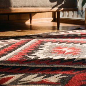 Bold Graphic Geometric Tribal Pattern Antique Native American Navajo Flat Weave Red Rug (SKU 21272) - in-room detail
