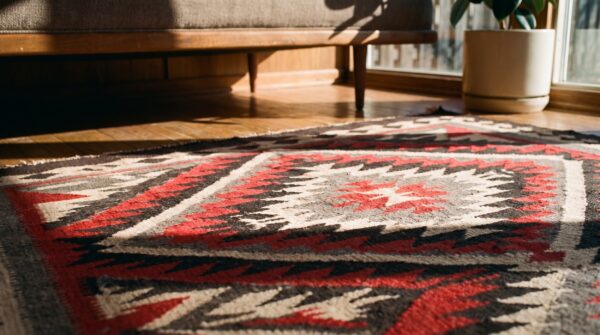 Bold graphic geometric tribal pattern antique native american navajo flat weave red rug (sku 21272) - in-room detail