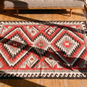 Bold Graphic Geometric Tribal Pattern Antique Native American Navajo Flat Weave Red Rug (SKU 21272) - styled overhead view