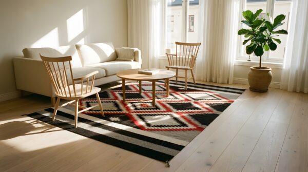 Bold graphic tribal design antique native american flat weave navajo rug 10 Bold graphic tribal design antique native american flat weave navajo rug (sku 24936) - room view