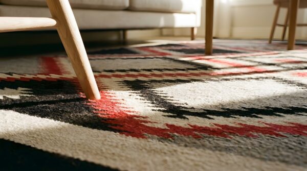 Bold graphic tribal design antique native american flat weave navajo rug 11 Bold graphic tribal design antique native american flat weave navajo rug (sku 24936) - in-room detail