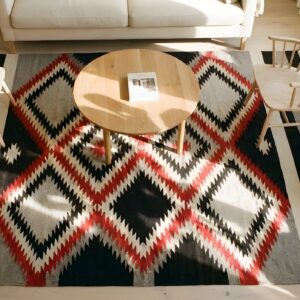 Bold Graphic Tribal Design Antique Native American Flat Weave Navajo Rug (SKU 24936) - styled overhead view