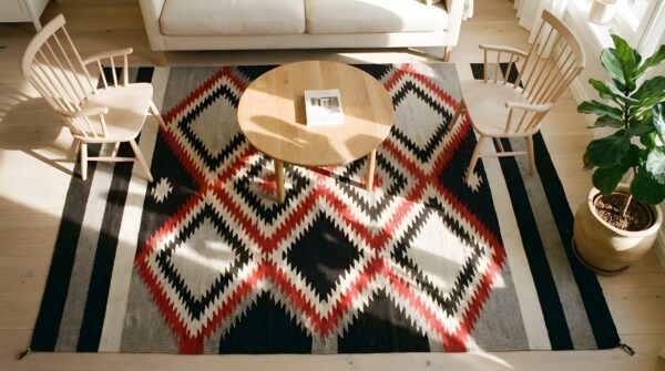 Bold graphic tribal design antique native american flat weave navajo rug 2 Bold graphic tribal design antique native american flat weave navajo rug (sku 24936) - styled overhead view