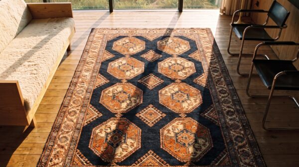 Bold graphic tribal design antique persian afshar rug 2 Bold graphic tribal design antique persian afshar rug (sku 21482) - styled overhead view