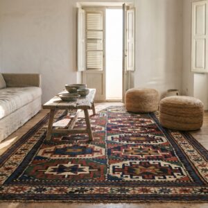 Bold Graphic Tribal Grid Pattern Antique Caucasian Moghan Area Rug (SKU 19608) - room view