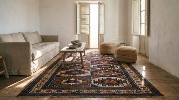 Bold graphic tribal grid pattern antique caucasian moghan area rug 8 Bold graphic tribal grid pattern antique caucasian moghan area rug (sku 19608) - room view