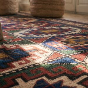Bold Graphic Tribal Grid Pattern Antique Caucasian Moghan Area Rug (SKU 19608) - in-room detail