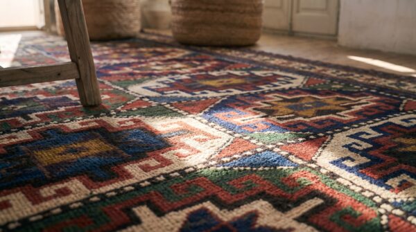 Bold graphic tribal grid pattern antique caucasian moghan area rug 9 Bold graphic tribal grid pattern antique caucasian moghan area rug (sku 19608) - in-room detail