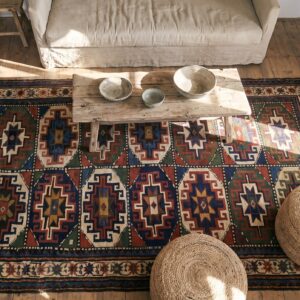 Bold Graphic Tribal Grid Pattern Antique Caucasian Moghan Area Rug (SKU 19608) - styled overhead view