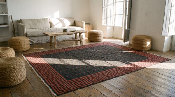 Bold antique indian room size cotton dhurrie flat woven area rug 8 Bold antique indian room size cotton dhurrie flat woven area rug (sku 21550) - room view