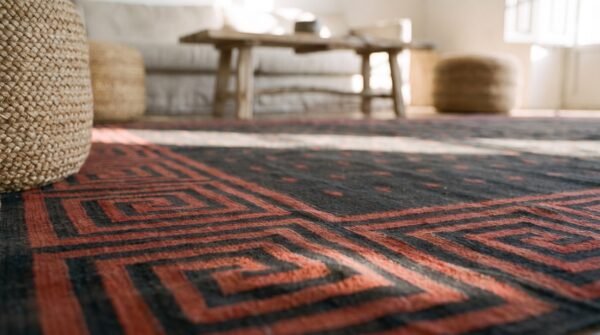 Bold antique indian room size cotton dhurrie flat woven area rug 9 Bold antique indian room size cotton dhurrie flat woven area rug (sku 21550) - in-room detail
