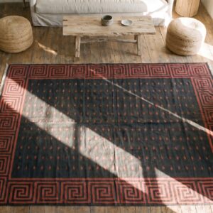 Bold Antique Indian Room Size Cotton Dhurrie Flat Woven Area Rug (SKU 21550) - styled overhead view