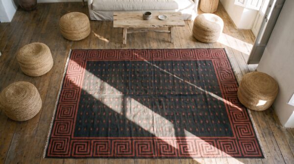 Bold antique indian room size cotton dhurrie flat woven area rug 2 Bold antique indian room size cotton dhurrie flat woven area rug (sku 21550) - styled overhead view