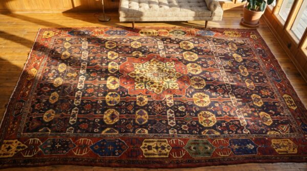 Bold late 19th century antique colorful persian tribal bakhtiari oversized carpet 2 Bold late 19th century antique colorful persian tribal bakhtiari oversized carpet (sku 18799) - styled overhead view
