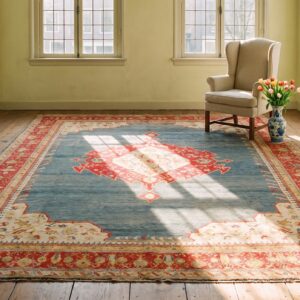 Bold Open Light Blue Field Tribal Antique Red Medallion Design Turkish Angora Oushak Rug (SKU 24805) - room view