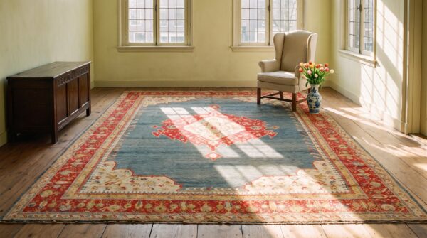 Bold open light blue field tribal antique red medallion design turkish angora oushak rug 8 Bold open light blue field tribal antique red medallion design turkish angora oushak rug (sku 24805) - room view