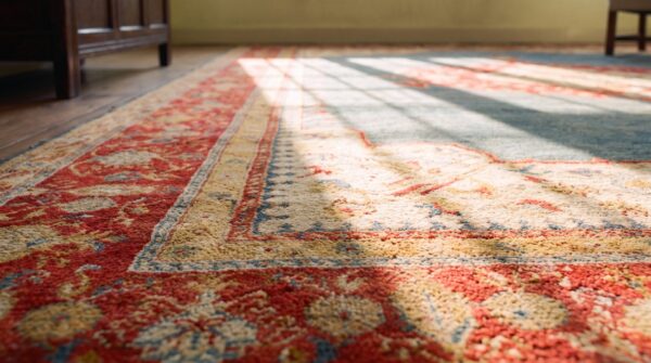 Bold open light blue field tribal antique red medallion design turkish angora oushak rug 9 Bold open light blue field tribal antique red medallion design turkish angora oushak rug (sku 24805) - in-room detail