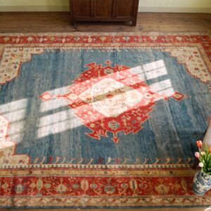 Bold Open Light Blue Field Tribal Antique Red Medallion Design Turkish Angora Oushak Rug (SKU 24805) - styled overhead view
