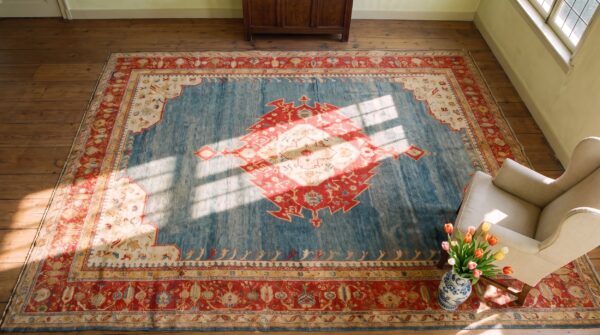 Bold open light blue field tribal antique red medallion design turkish angora oushak rug 2 Bold open light blue field tribal antique red medallion design turkish angora oushak rug (sku 24805) - styled overhead view
