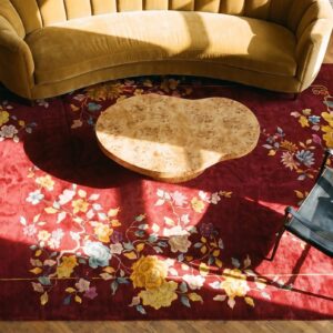 Bold Red Antique Floral Pattern Chinese Art Deco Design Carpet (SKU 21664) - styled overhead view