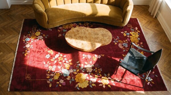 Bold red antique floral pattern chinese art deco design carpet 2 Bold red antique floral pattern chinese art deco design carpet (sku 21664) - styled overhead view