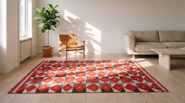 Antique bold red primitive tribal geometric native american flatweave navajo rug 6 Antique bold red primitive tribal geometric native american flatweave navajo rug (sku 21182) - room view