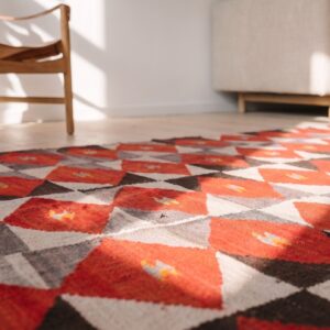 Antique Bold Red Primitive Tribal Geometric Native American Flatweave Navajo Rug (SKU 21182) - in-room detail