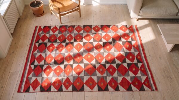Antique bold red primitive tribal geometric native american flatweave navajo rug 2 Antique bold red primitive tribal geometric native american flatweave navajo rug (sku 21182) - styled overhead view