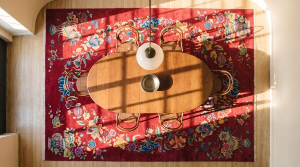 Bold red antique room size chinese art deco wool pile rug 2 Bold red antique room size chinese art deco wool pile rug (sku 21880) - styled overhead view