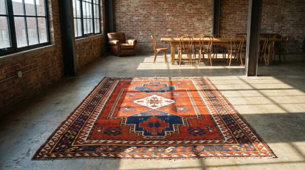 Bold red antique tribal geometric late 19th century caucasian lori pambak rug 11 Bold red antique tribal geometric late 19th century caucasian lori pambak rug (sku 20005) - room view