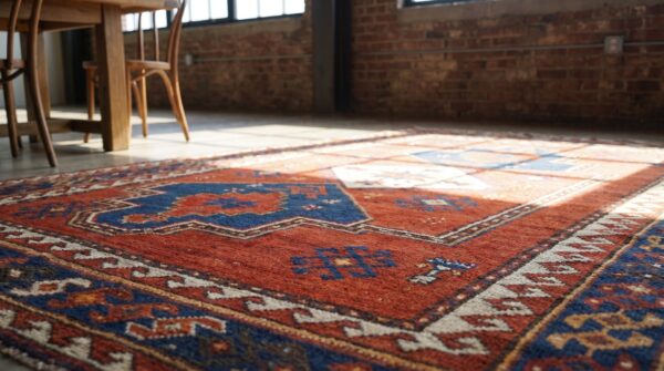 Bold red antique tribal geometric late 19th century caucasian lori pambak rug 12 Bold red antique tribal geometric late 19th century caucasian lori pambak rug (sku 20005) - in-room detail