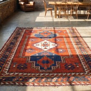 Bold Red Antique Tribal Geometric Late 19th Century Caucasian Lori Pambak Rug (SKU 20005) - styled overhead view
