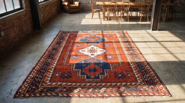 Bold red antique tribal geometric late 19th century caucasian lori pambak rug 2 Bold red antique tribal geometric late 19th century caucasian lori pambak rug (sku 20005) - styled overhead view