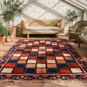 Bold Rich Color Graphic Checkerboard Pattern Antique Tribal Persian Gabbeh Wool Rug (SKU 18919) - room view