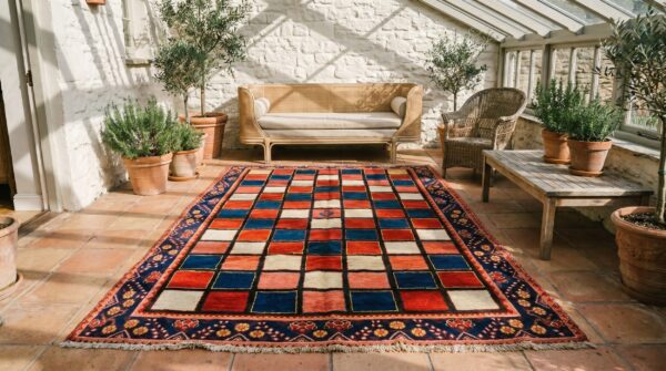 Bold rich color graphic checkerboard pattern antique tribal persian gabbeh wool rug 10 Bold rich color graphic checkerboard pattern antique tribal persian gabbeh wool rug (sku 18919) - room view