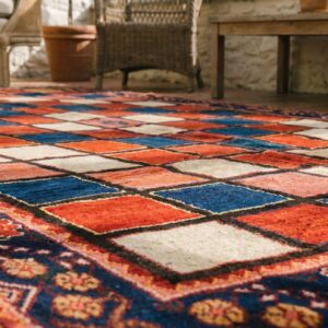 Bold Rich Color Graphic Checkerboard Pattern Antique Tribal Persian Gabbeh Wool Rug (SKU 18919) - in-room detail