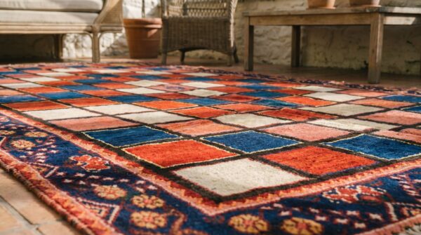 Bold rich color graphic checkerboard pattern antique tribal persian gabbeh wool rug 11 Bold rich color graphic checkerboard pattern antique tribal persian gabbeh wool rug (sku 18919) - in-room detail