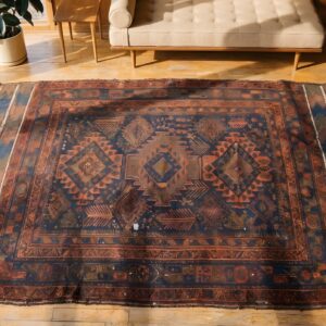 Antique Bold Tribal Geometric Baluch Afghan Rug (SKU 23091) - styled overhead view