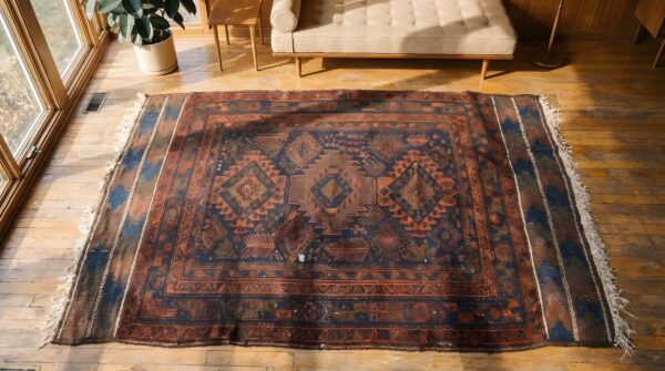 Antique bold tribal geometric baluch afghan rug 2 Antique bold tribal geometric baluch afghan rug (sku 23091) - styled overhead view