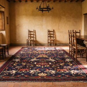 Bold Tribal Geometric Design Blue Color Antique Caucasian Seychour Rug (SKU 21505) - room view
