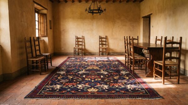 Bold tribal geometric design blue color antique caucasian seychour rug 6 Bold tribal geometric design blue color antique caucasian seychour rug (sku 21505) - room view