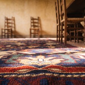 Bold Tribal Geometric Design Blue Color Antique Caucasian Seychour Rug (SKU 21505) - in-room detail