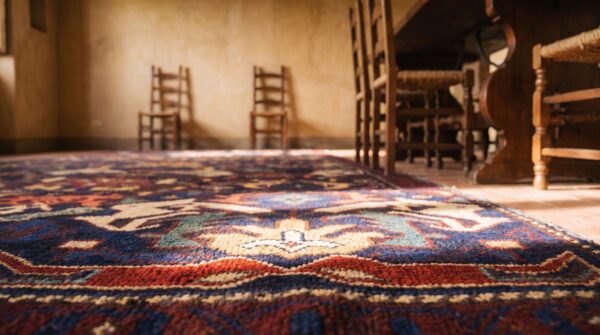 Bold tribal geometric design blue color antique caucasian seychour rug 7 Bold tribal geometric design blue color antique caucasian seychour rug (sku 21505) - in-room detail