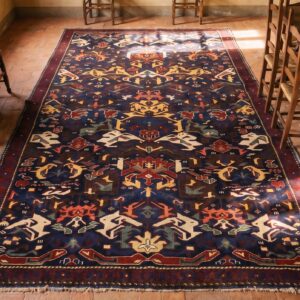 Bold Tribal Geometric Design Blue Color Antique Caucasian Seychour Rug (SKU 21505) - styled overhead view