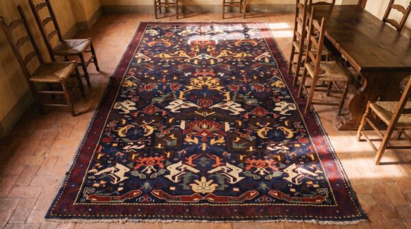 Bold tribal geometric design blue color antique caucasian seychour rug 2 Bold tribal geometric design blue color antique caucasian seychour rug (sku 21505) - styled overhead view