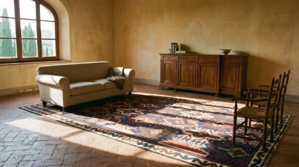 Bold antique tribal geometric design caucasian kilim flatwoven area rug 8 Bold antique tribal geometric design caucasian kilim flatwoven area rug (sku 24142) - room view
