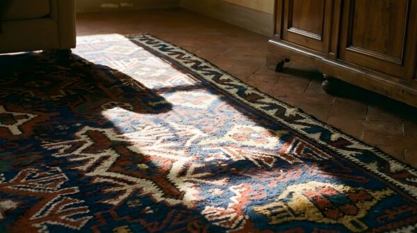 Bold antique tribal geometric design caucasian kilim flatwoven area rug 9 Bold antique tribal geometric design caucasian kilim flatwoven area rug (sku 24142) - in-room detail