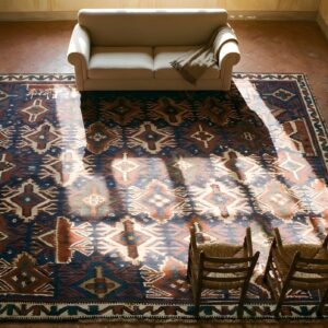 Bold Antique Tribal Geometric Design Caucasian Kilim Flatwoven Area Rug (SKU 24142) - styled overhead view