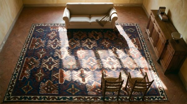 Bold antique tribal geometric design caucasian kilim flatwoven area rug 2 Bold antique tribal geometric design caucasian kilim flatwoven area rug (sku 24142) - styled overhead view